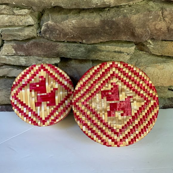 3 Box Set Baskets Red Stacking Graduated Dog Motif Boho Storage Decor Organizing - Picture 9 of 16